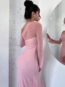 SHEIN Privé Vestido largo de manga larga asimétrico de hombro con malla color rosa pálido, vestido plisado extra largo, vestido rosa, vestido para el Día de San Valentín
