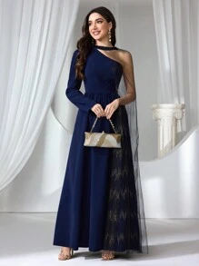 Coutiva Women New Special Patchwork Long Sleeve Formal Evening Gown, Wedding Guest Dress, Party Dress, Prom Dress