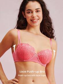 LUVLETTE Lencería elegante bordada en rosa para mujer, ropa de descanso con curvas, sujetador balconette sexy sin forro con encaje en forma de corazón, con aros y transpirable, para novias - Rosa - Ver 8