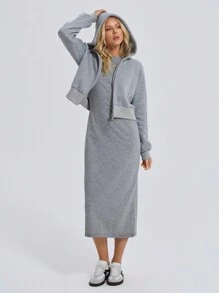 SHEIN Tall 2 Pcs Dress And Front Zipper Detailed Jacket - Grey - View 1