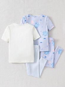 4pcs Baby Boy Casual Octopus Print Shirt & Pants Set, Comfortable Infant Homeware