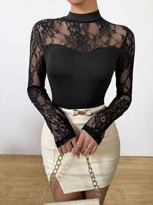 VaVaBold Camiseta de manga larga elegante y ajustada con contraste de encaje para mujer