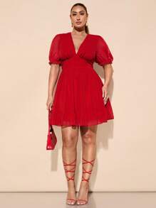 SHEIN BAE Robe d'été/printemps élégante et décontractée pour femmes grandes tailles, manches bouffantes rouges, col V, coupe évasée. Robe mini chic, ajustée à la taille, robe en mousseline à pois. Robe de graduation, robe invitée de mariage, robe de soirée