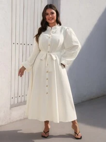 Aveloria Modichic Elegant Plus Size Women Metal Buckle Stand Collar Long Sleeve Midi Dress With Waistband And Creased Fabric Texture
