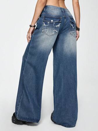 Grunge Punk Jeans casual da donna a vita bassa con gamba ampia lavati