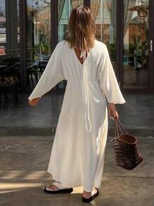 DAZY Knitted Casual Twist Design Loose Long Dress Loungewear Pajama - Beige - View 2