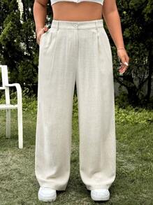 SHEIN EZwear 大码亚麻纯色休闲长裤，春季 - 米色 - 查看 7
