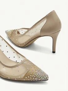 CUCCOO CHICEST Pompe cu toc mijlociu cu decor cu stras cu vârf ascuțit pentru femei, tocuri grațioase acoperite cu plasă transparentă, potrivite pentru nuntă, petrecere, întâlnire la cină, șampanie