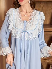 PalaceNights 2pcs Contrast Lace Patchwork Palace Style Corset Slip Night Dress And Flare Sleeve Loose Tie Belt Robe Set Holiday Season, Fall Winter Clothes - Blue - View 4