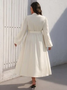 Aveloria Modichic Elegant Plus Size Women Metal Buckle Stand Collar Long Sleeve Midi Dress With Waistband And Creased Fabric Texture