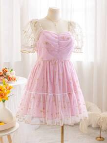 Soleia Váy ngắn chữ A thêu lưới màu trắng cỡ lớn cho kỳ nghỉ mùa xuân dành cho nữ, tay bồng, thắt nơ, lót tương phản, họa tiết lá kim - Nhiều màu - Xem 3