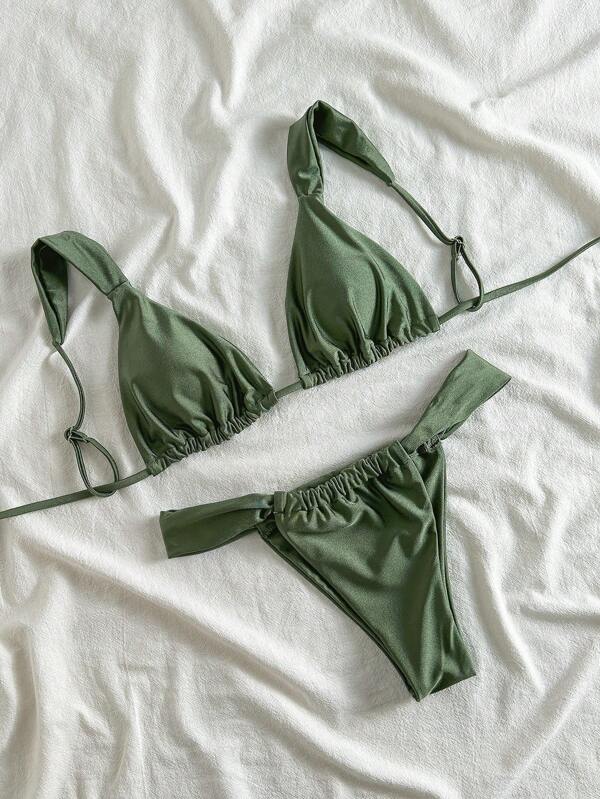 SHEIN Swim Women's Summer Beach Solid Color Ruched Sexy Bikini Set Green Bikinipush Up Bathing Suitbikini Set For Women