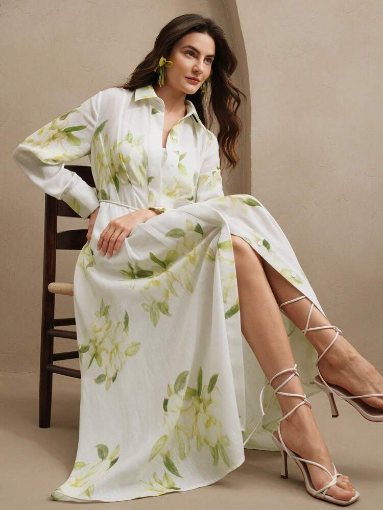 Vacation Print Collared Tie Closure Shirt Dress + Camisole Detachable 2-In-1 Dress For Women