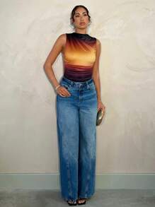 SHEIN BAE Women's Early Spring Tie-Dye Gradient Side Ruched Bodysuit, Elegant For Valentine's Day Party