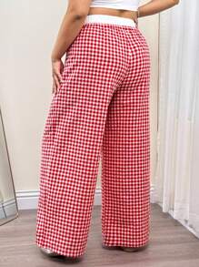 SHEIN ICON Plus Size Red & White Plaid Double Waistband Casual Straight Leg Pants, Spring/Summer - Red and White - View 2