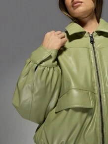 MISSGUIDED 超大款优质PU皮革飞行员夹克，时尚街头风单品，弹性腰带，拉链前襟，秋冬厚外套，圣诞节必备。 - 綠色 - 查看 4