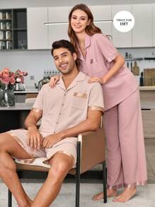 CoupledUp Jacquard Lapel Short Sleeve Contrast Ribbon Men's Sleepwear Set - Apricot - View 7