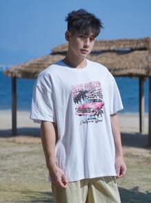 DAZY 夏季男士汽车和海滩图案字母印花休闲T恤度假 - 白色 - 查看 7