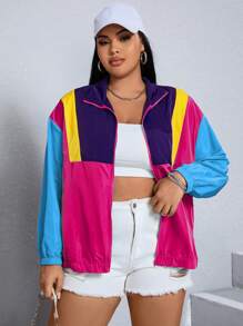 SHEIN EZwear 大尺碼純色前拉鍊拼接休閒夾克，簡約設計，適合冬季秋季登山 - 彩色 - 查看 7
