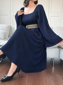 DAZY Vestido de mujer de cuello cuadrado de unicolor con empalme de manga larga, elegante y sencillo de largo medio, vestido de fiesta, vestidos formales de mujer, vestido de otoño para carnaval