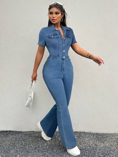 SHEIN SXY Women's Denim Jumpsuit, Skinny Long Flared Pants, Short Sleeve Sexy Stretchy Black