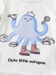 4pcs Baby Boy Casual Octopus Print Shirt & Pants Set, Comfortable Infant Homeware