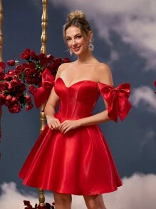 Lovelzi Elegant And Romantic Red Glossy Satin Off The Shoulder Exaggerated Big Bow Sleeves Wedding Guest Dress, Suitable For Evening Parties Valentine's Day Date Back-To-School Prom Dress Homecoming Dress, Party Dress - Red - View 3
