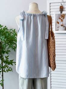 Chiquease 度假扭纹领口抽绳吊带纹理蓝白条纹衬衫，女款，春夏季 - 藍白色 - 查看 2