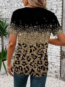 EMERY ROSE Casual Minimalist Women's T-Shirt With Leopard Print & Gradient Sequin Pattern, Loose Fit Round Neck Short Sleeve - Multicolor - View 5