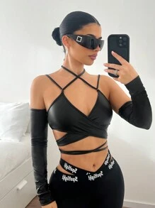 SHEIN ICON 女士合身交叉系带前袖可拆卸上衣