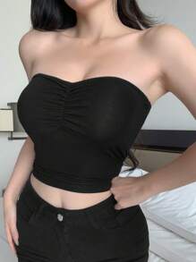 带内置衬垫的褶皱抹胸上衣，健身装 - 黑色 - 查看 9