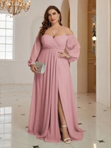 SHEIN Belle 大尺碼露肩長袖分裂優雅伴娘禮服 - 藕粉色 - 查看 5