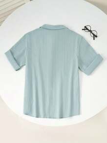 SHEIN Lässiges, vielseitiges und bequemes Hemd für Teenager-Jungen mit gewellter Stehkragenstoff, offener Vorderseite, locker sitzenden Kurzarm, Unifarben, geeignet für Schule, Garten, Strand, Geburtstag im Frühling, Sommer, Herbst & Winter