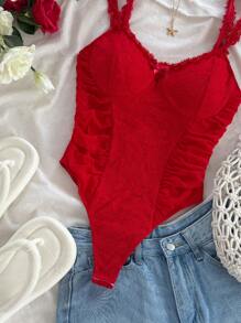 Mono casual vintage con textura de punto, con adorno de encaje romántico para mujeres, ropa de verano rosa - Rojo - Ver 7