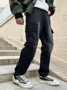 Manfinity Hypemode Men's Casual Washed Tapered Cargo Jeans - Black - View 1