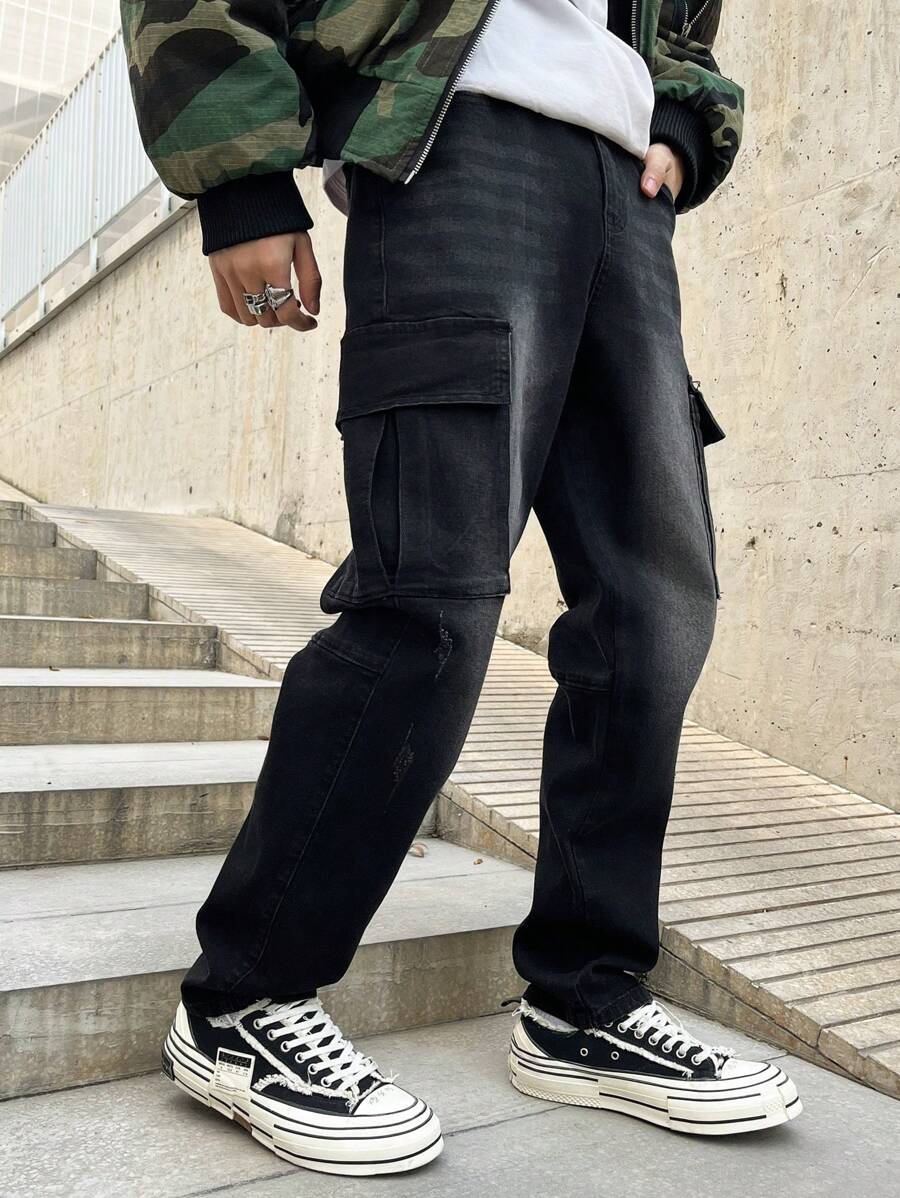 Manfinity Hypemode Men's Casual Washed Tapered Cargo Jeans - Black - View 1