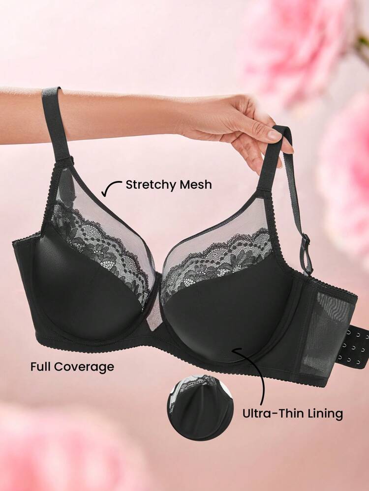 Plus Full Coverage Unlined Mesh & Lace Bra