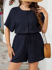 SHEIN LUNE Plus Size Women Summer Solid Color Tie Waist Short Sleeve Jumpsuit, Vacation Style, Chinese Style, Suitable For Loungewear Or Outerwear, Cooling Dress, Stress Relief Outfit, Elegant Fashion Long Gown