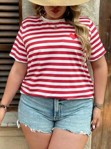 SHEIN VCAY Parte superior de punto de manga corta con bloques de color y rayas tipo bohemio, talla grande, estilo de verano