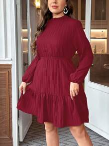 SHEIN Clasi Plus Size Women Solid Color Frill Collar Long Sleeve Pleated Dress - Burgundy - View 4