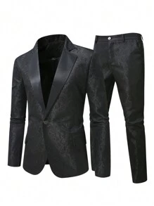 Manfinity Mode Plus Size Men Jacquard Lapel Neck Blazer And Pants Suit Set - Black - View 1