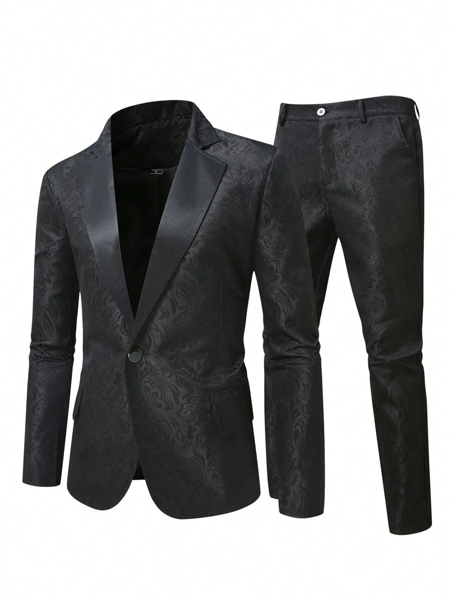 Manfinity Mode Plus Size Men Jacquard Lapel Neck Blazer And Pants Suit Set - Black - View 1