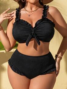 Swim Vcay Große Größen schwarzes Top mit Brustbindung & Volant, passende reguläre Bein Badeshorts, elegantes, einfaches, damen Sommer Urlaubs-Strandbikini-Set