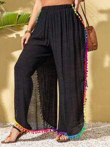 Swim Lushoire Plus Size Women Colorful Tassel Trim Side Slit Modest Beach Casual Long Cover Up Pants, For Summer Vacation - Black - View 1