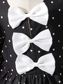 年轻女孩编织圆点泡泡袖修身连衣裙 - 黑與白 - 查看 4