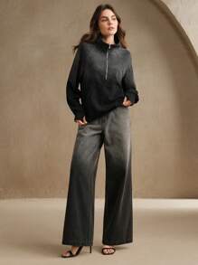 Anewsta Ladies Retro Modern Stand Collar Pullover Half Zipper Raglan Sleeve Washed Spray Color Long Sleeve Sweatshirt Fall - Black - View 7