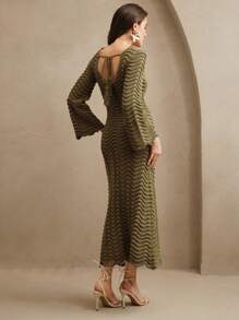 Anewsta Solid Color Sexy Knitted Hollow Wave Flare Sleeve Beach Dress, Spring/Summer Outfits For Women, Vacation Outfits, Beach Outfit - Army Green - View 5