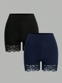 SHEIN Essnce 2pcs/Set Plus Size Women's Summer Lace Patchwork Leggings - Navy Blue - View 2
