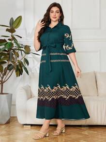 Lacomfia 大码优雅烂花衬衫领中长连衣裙