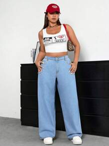 SHEIN ICON Plus Size Denim Wide Leg Pants In Loose And Fashionable Style - Light Wash - View 4